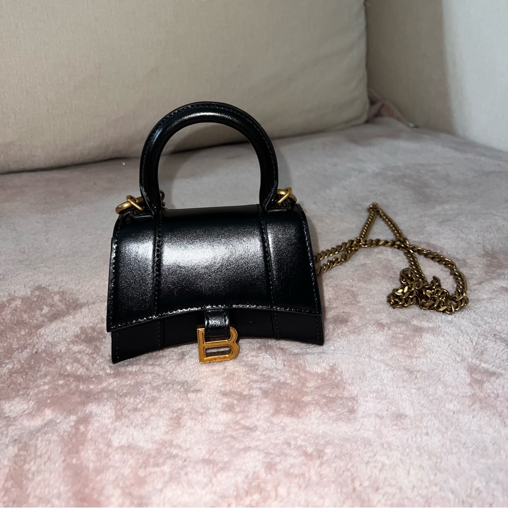Balenciaga Mini Hourglass Top Handle in Black leather Brushed bronze hardware